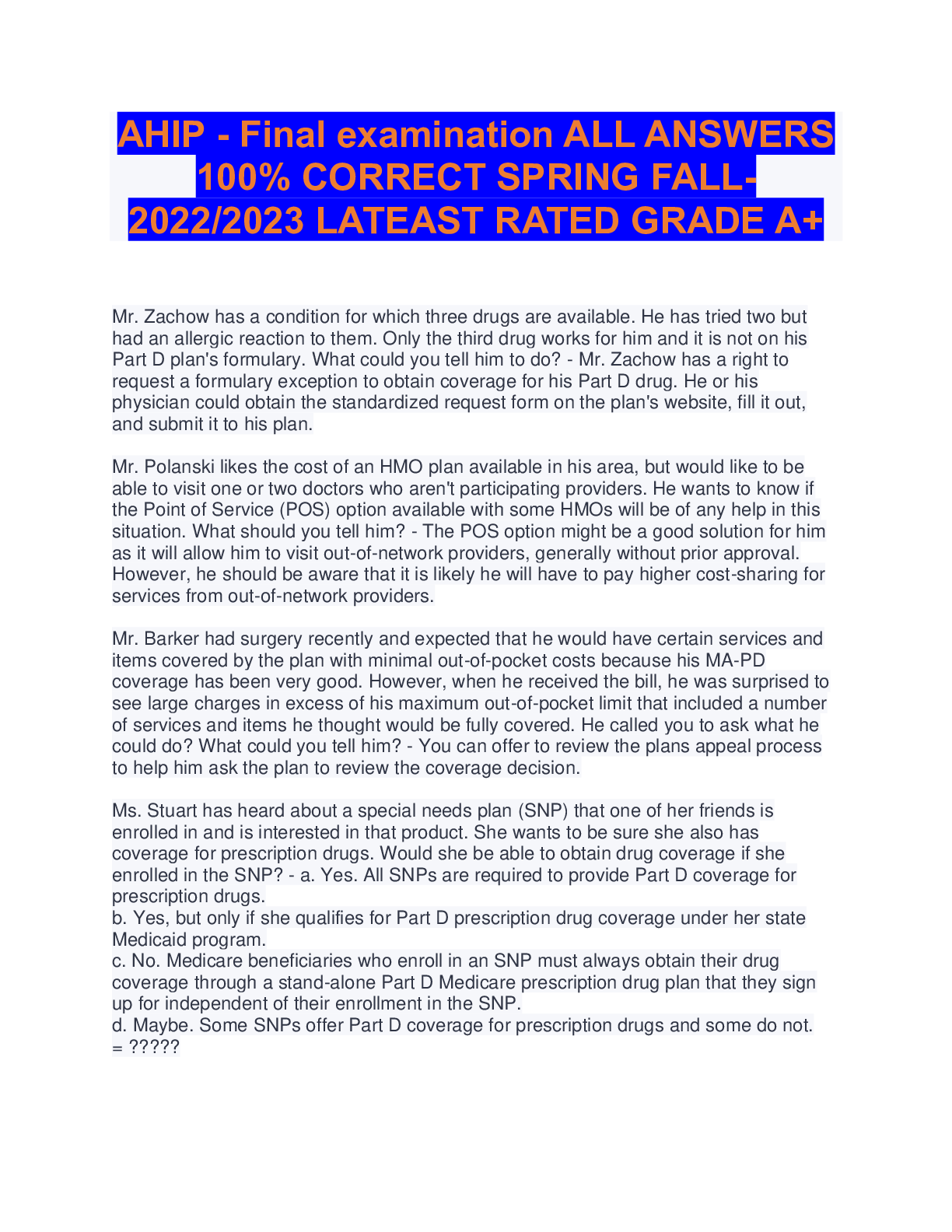 Preview image for AHIP - Final examination ALL ANSWERS 100% CORRECT SPRING FALL- 2022/2023 LATEAST RATED GRADE A+